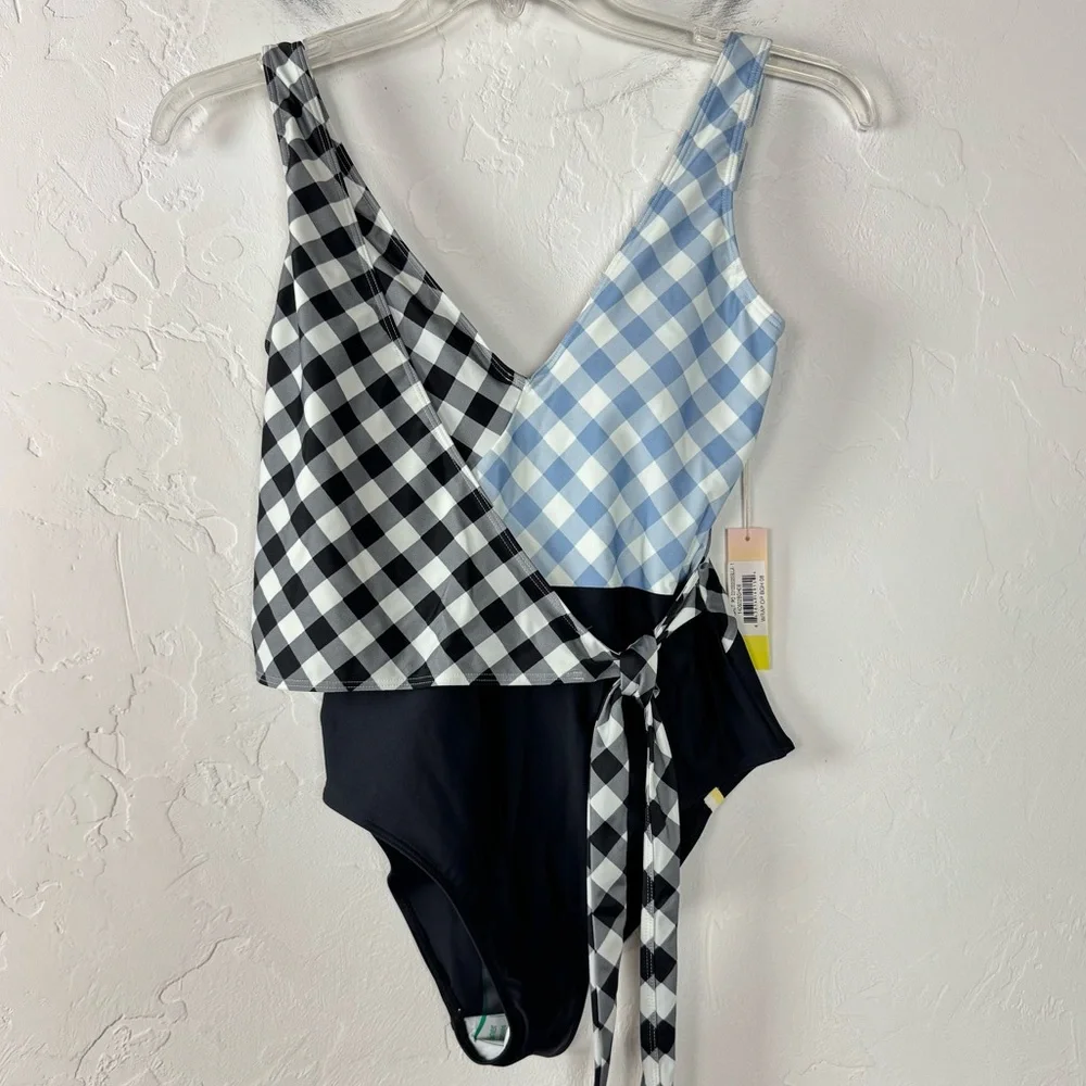 Summersalt Swim Suit One Piece The Perfect Wrap Tie Front Gingham Blue Black - Picture 1 of 8